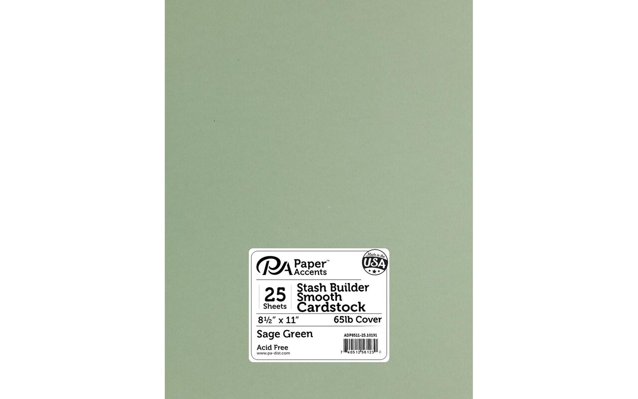 PA Paper Accents Stash Builder Cardstock Pack 8.5" x 11" Sage Green, 65lb colored cardstock paper for card making, scrapbooking, printing, quilling and crafts, 25 pieces